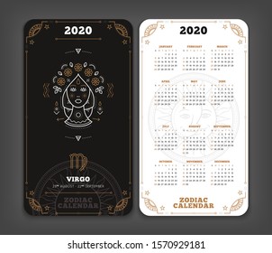 Virgo 2020 year zodiac calendar pocket size vertical layout Double side black and white color design style vector concept illustration