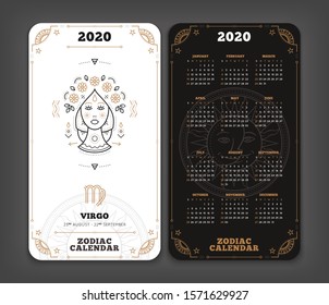 Virgo 2020 year zodiac calendar pocket size vertical layout Double side black and white color design style vector concept illustration