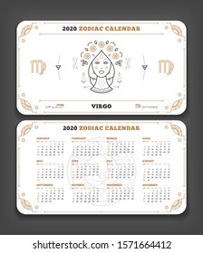 Virgo 2020 year zodiac calendar pocket size horizontal layout Double side white and black color design style vector concept illustration