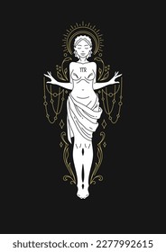 Virgo antique woman goddess zodiac astrology celestial mythical line art deco vector illustration. Female ancient horoscope symbol lunar calendar esoteric constellation lunar calendar artwork