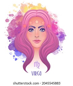 Virgo astrological sign as a beautiful girl. Vector illustration over watercolor background isolated on white. Future telling, horoscope. Fashion woman zodiac set. 