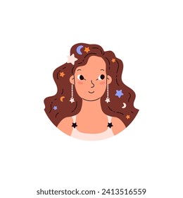 Virgo astrological symbol as a beautiful girl. Horoscope zodiac symbol in circle frame. Astrology zodiac icon woman portrait isolated on white background. Flat Horoscope design vector illustration