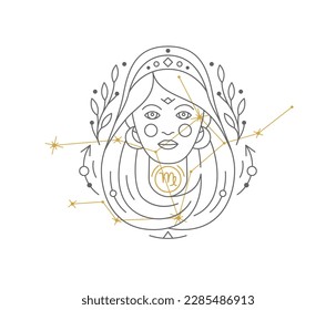 Virgo astrological symbol with Zodiac constellation, connected stars. Astrology horoscope sign and stars on white background thin line vector illustration
