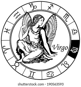 virgo astrological zodiac sign, black and white image