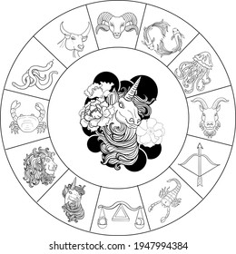 Virgo de diseño astrológico.circulo horoscopio con signos de vector de zodiaco.signos como arie, taurus, gemini, cáncer, leo, virgo, libra, escorpio, sagitario, capricornio, aquarius, pisces.