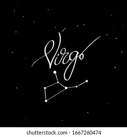 Virgo. Astrology lettering collection zodiac sign with Constellation Stars  White  on  Black  Background - Vector modern Graphic Design. Zodiak theme for International Astrology – Moon, or sun star