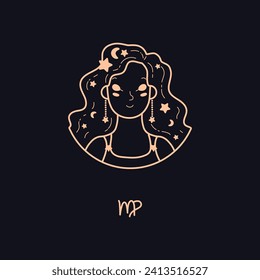 Virgo astrology zodiac sign, cartoon style vector illustration on black background. Astrological symbol on black poster, cute picture symbolizing zodiac sign and horoscope.