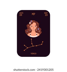 Signo virgo astrology zodiac, ilustración vectorial de estilo caricatura en tarjeta negra. Símbolo astrológico sobre afiche negro, aislado sobre fondo blanco, imagen linda que simboliza el signo zodiaco y el horóscopo.