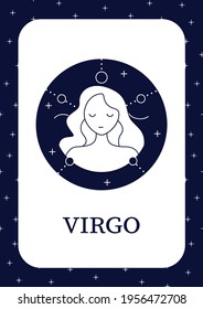 Virgo card icon.Sixth fire sign in zodiac.Female birth symbol.Mystic horoscope sign template.Flyer,magazine,poster,booklet.Astrological science infographic concept
