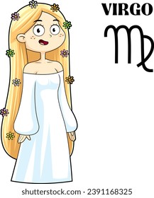 Virgo Cartoon Character Horoscope Zodiac Sign. Vector Hand Drawn Illustration Isolated On Transparent Background