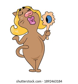 Virgo cat admires in the mirror .Vector children's design on a white isolated background, for postcard banners.Sticker
