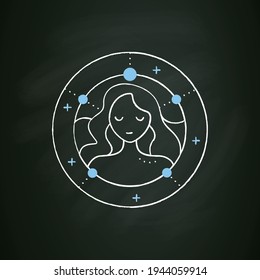 Virgo chalk icon. Sixth fire sign in zodiac. Female woman birth symbol. Mystic horoscope sign. Astrological science concept. Isolated vector illustration on chalkboard