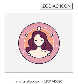 Virgo color icon. Sixth fire sign in zodiac. Female woman birth symbol. Mystic horoscope sign. Astrological science concept. Isolated vector illustration