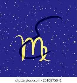 Virgo in combination with the letter E. Zodiac sign. On a dark blue starry background. Astrology and horoscopes concept. Vector illustration.