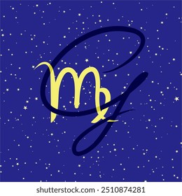 Virgo in combination with the letter G. Zodiac sign. On a dark blue starry background. Astrology and horoscopes concept. Vector illustration.