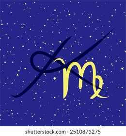 Virgo in combination with the letter K. Zodiac sign. On a dark blue starry background. Astrology and horoscopes concept. Vector illustration.