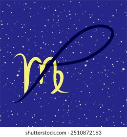 Virgo in combination with the letter P. Zodiac sign. On a dark blue starry background. Astrology and horoscopes concept. Vector illustration.