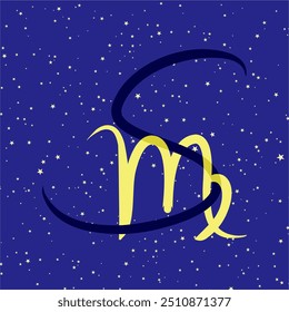 Virgo in combination with the letter S. Zodiac sign. On a dark blue starry background. Astrology and horoscopes concept. Vector illustration.