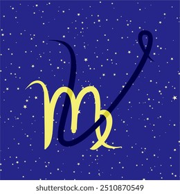 Virgo in combination with the letter V. Zodiac sign. On a dark blue starry background. Astrology and horoscopes concept. Vector illustration.