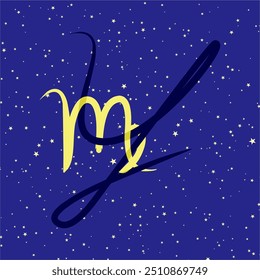 Virgo in combination with the letter Y. Zodiac sign. On a dark blue starry background. Astrology and horoscopes concept. Vector illustration.