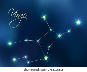 Virgo constellation astrology vector illustration. Stars in dark blue night sky. Virgo zodiac constellations sign beautiful starry sky. Virgo horoscope symbol made of gold star sparkles and lines.