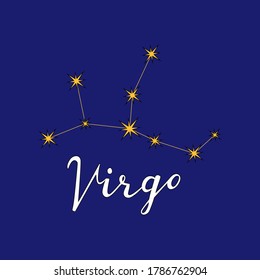 Virgo constellation astrology vector illustration with hand lettering inscriprion. Horoscope symbols made of yellow stars and lines isolated on dark blue background. 