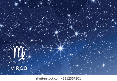 Virgo constellation in blue night sky, zodiac sign, astrology banner for horoscope, modern astronomy map, boho mystical vector illustration.