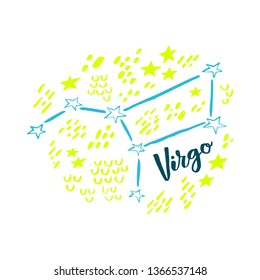 Virgo constellation with brush lettering and doodle background. Handwritten typography. Stylized sky map. Ready-to-print design template. Clothes badge,icon,logo,banner,tag. Vector illustration.