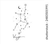 Virgo constellation with Hand drawn doodle flowers, leaves, florals and stars. Vector art, graphic illustration clipart. This illustration is a beautiful and creative representation of the Virgo