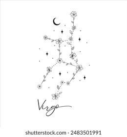 Constelación de Virgo con garabatos dibujados a mano de flores, hojas, flores y estrellas. Arte vectorial, Clipart de ilustración gráfica. Esta ilustración es una hermosa y creativa representación del Virgo