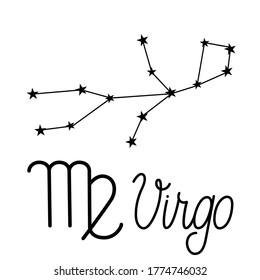 Virgo constellation, handwritten inscription and zodiac sign. Pattern for your packaging, fabric and product decoration. Vector illustration on a white background.