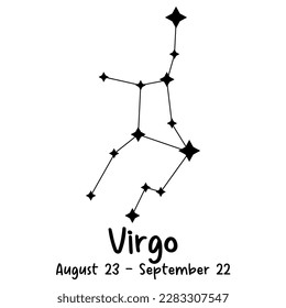 Virgo constellation ilustration. Zodiacal circle. Black hand drawn stars on white background. Starry sky. Horoscope, predictions and prophecies. Abstract Vector illustration.