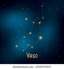 Virgo constellation in night sky with glowing stars and cosmic background.