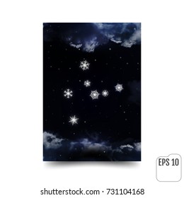 Virgo. Constellation of snowflakes. Zodiac Sign Virgo. constellation lines. The constellation is seen through the clouds and snowfall in the night sky. Vector