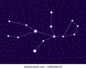 Virgo constellation. Starry night sky. Zodiac sign. Cluster of stars and galaxies. Deep space. Vector illustration