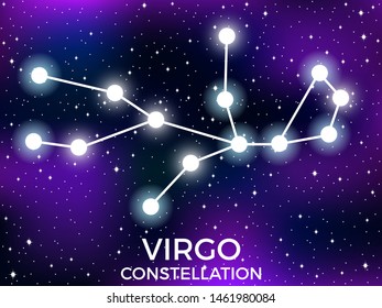 Virgo constellation. Starry night sky. Zodiac sign. Cluster of stars and galaxies. Deep space. Vector illustration