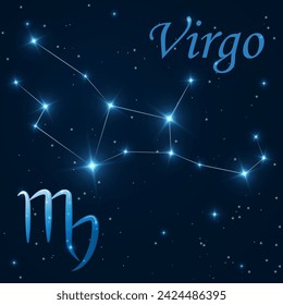 Virgo constellation with stars, zodiac sign on starry sky. Astronomy, astrology, horoscope. Science banner. Cosmos, outer space. Sixth zodiac sign - the ruler planet Mercury. Vector illustration
