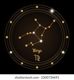 Virgo, the constellation of the zodiac sign in the cosmic magic circle. Golden design on a dark background. Vector	
