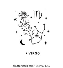 Virgo constellation zodiac sign with flower, moon and stars