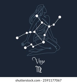 Virgo, constellation and zodiac sign on the background of the cosmic universe. Blue and white design. Illustration