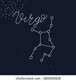 Virgo Constellations Astronomy stars. Zodiac sign. Celestial hand drawn, hand lettering name of zodiac stars. 