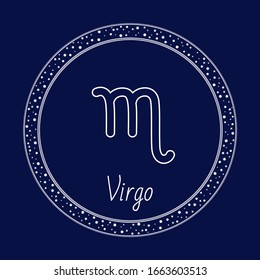 Virgo constellations of zodiac, astrology sign isolated on blue in circle with stars. Vector virgin symbol, lunar calendar sign, horoscope future prediction concept. Illustration of astrological icon