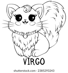 Virgo cute cartoon astrology sign of the zodiac sitting cat. Character in kawaii style. Vector illustrations in hand drawn sketch style isolated on white. Black outline graphic. Funny cat horoscope