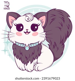 Virgo cute cartoon astrology sign of the zodiac cat. Pet character in kawaii style. Vector illustrations in hand drawn flat style on round background. Funny cat horoscope