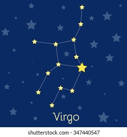 Virgo Earth Zodiac constellation with stars in cosmos. Vector image with navy blue background and stars