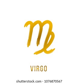 virgo gold glitter vector zodiac sign, hand drawn with ink brush. Vector graphics set.