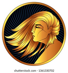 Virgo golden zodiac sign, astrological icon, horoscope symbol of gold. Stylized graphic  profile gilded portrait of the young beautiful woman with long, straight gilt hair flowing in the wind. Vector.