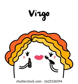 Virgo hand drawn vector illustration in cartoon comic style woman make up cosmetics lipstick mascara