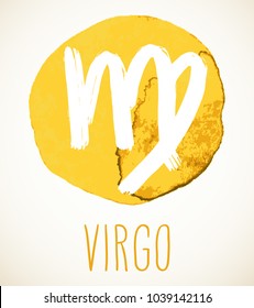 Virgo hand drawn Zodiac sign illustration over yellow watercolor circle. Vector graphic astrology symbol design element isolated over white.