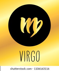Virgo hand drawn Zodiac sign illustration. Vector graphic astrology symbol design element in black circle over golden background.